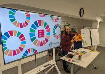 A man next to the screen with 2030SGDs game logo displayed